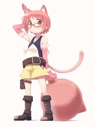 Rule 34 | 1girl, ahoge, animal ears, animal hands, arm behind head, arm up, bad id, bad twitter id, belt, blush, boots, brown footwear, cargo shorts, cat ears, cat paws, cat tail, closed mouth, collarbone, expressionless, full body, glasses, grey background, highres, holding, holding weapon, kirara fantasia, knee boots, looking at viewer, nonohara yuzuko, okayparium, pink eyes, pink hair, red-framed eyewear, shorts, simple background, solo, tail, weapon, yuyushiki