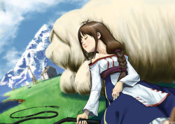 Rule 34 | 1boy, 1girl, arc the lad, arc the lad ii, bare shoulders, brown hair, cloud, cojibou, dog, closed eyes, grass, house, lieza (arc the lad), long hair, lying, mountain, outdoors, plant, sky, sleeping, water, whip