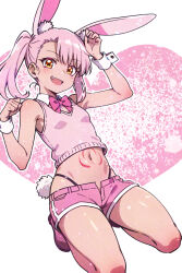 Rule 34 | 1girl, :d, alternate costume, animal ears, bare legs, bare shoulders, blush, breasts, chloe von einzbern, clenched hand, commentary request, crop top, detached collar, fang, fate/kaleid liner prisma illya, fate (series), full body, hair over one eye, hanagata kai, hands up, happy, heart, highleg, highleg panties, kemonomimi mode, kneeling, leaning back, legs apart, long hair, looking at viewer, micro shorts, midriff, navel, open mouth, panties, pink hair, pink shirt, pink shorts, rabbit ears, rabbit girl, rabbit tail, shirt, shorts, side ponytail, sleeveless, sleeveless shirt, small breasts, smile, solo, spread legs, stomach, stomach tattoo, tail, tattoo, thighs, underwear, wrist cuffs, yellow eyes