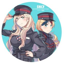 Rule 34 | 2girls, alternate costume, black hat, blonde hair, blue eyes, blue hair, brown nails, buttons, commandant teste (kancolle), commentary request, hat, ido (teketeke), kantai collection, long hair, long sleeves, mole, mole under eye, mole under mouth, multicolored hair, multiple girls, nail polish, peaked cap, red hair, richelieu (kancolle), smile, streaked hair, translation request, white hair, yellow eyes