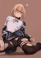 Rule 34 | 1girl, ahoge, artoria pendragon (fate), black-framed eyewear, black choker, black footwear, black legwear, black shorts, blonde hair, breasts, brown background, brown eyes, choker, closed mouth, fate/grand order, fate (series), fu-ta, glasses, highres, jacket, long sleeves, looking at viewer, multicolored clothes, multicolored jacket, mysterious heroine x alter (fate), mysterious heroine x alter (second ascension) (fate), name tag, off shoulder, on one knee, open clothes, open jacket, panties, panty peek, partially unzipped, semi-rimless eyewear, shadow, shirt, shoes, short hair, short shorts, shorts, simple background, skindentation, small breasts, sneakers, solo, sweat, thigh strap, torn clothes, torn legwear, torn shorts, two-tone jacket, under-rim eyewear, underwear, wet, white panties, white shirt