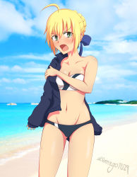 Rule 34 | 1girl, absurdres, ahoge, alternate costume, artist name, artoria pendragon (all), artoria pendragon (fate), bare arms, bare shoulders, beach, bikini, black jacket, blonde hair, blue bow, blue sky, blurry, blush, bow, breasts, collarbone, day, depth of field, fate/stay night, fate (series), green eyes, groin, hair ribbon, highres, horizon, jacket, medium breasts, navel, ocean, off shoulder, open clothes, open jacket, outdoors, ribbon, saber (fate), sand, senringo1027, shore, sky, sleeves past wrists, solo, stomach, striped bikini, striped clothes, summer, sweatdrop, swimsuit, teardrop, undressing, water