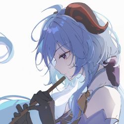 Rule 34 | ahoge, bare shoulders, bell, black gloves, blue hair, bow, bowtie, commentary, crying, crying with eyes open, curled horns, detached sleeves, ganyu (genshin impact), genshin impact, gloves, highres, horns, long hair, looking to the side, purple eyes, sidelocks, simple background, sketch, solo, tears, upper body, white background, yue (shemika98425261)