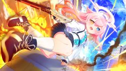 Rule 34 | absurdres, blue archive, building, projectile trail, commentary request, dutch angle, explosion, gun, hair between eyes, heterochromia, highres, hoshino (blue archive), id card, jumping, long hair, looking at viewer, necktie, pink hair, school uniform, seigetsu kotaku, shotgun, sky, smoke, solo, weapon