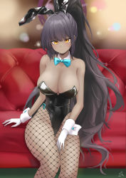 Rule 34 | 1girl, absurdres, animal ears, bare arms, bare shoulders, black hair, black leotard, blue archive, blue bow, blue bowtie, blush, bow, bowtie, breasts, cleavage, closed mouth, couch, dark-skinned female, dark skin, detached collar, fake animal ears, fishnet pantyhose, fishnets, gloves, halo, highleg, highleg leotard, highres, karin (blue archive), karin (bunny) (blue archive), leotard, long hair, pantyhose, playboy bunny, pony (animal), rabbit ears, shiny clothes, shiny skin, sitting, solo, ssalu, thong leotard, traditional bowtie, very long hair, white gloves, wide hips, wrist cuffs, yellow eyes