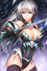 Rule 34 | 1girl, blue eyes, breasts, cleavage, highres, large breasts, long hair, parted lips, raised eyebrow, silver hair, smile, snowball22, solo, sword, sword girls, weapon
