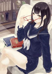 Rule 34 | 1girl, black hair, book, kunimura hakushi, crossed legs, original, removing eyewear, school uniform, sitting, skirt, solo, yellow eyes