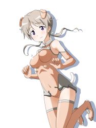 Rule 34 | 00s, 1girl, :|, bare shoulders, blush, bodysuit, boots, breasts, clenched hand, closed mouth, covered navel, elbow gloves, floating hair, from side, gloves, grey hair, hair ornament, hair ribbon, halterneck, headgear, highres, jumping, leotard, looking at viewer, low twintails, medium breasts, orange thighhighs, parted bangs, pilot suit, purple eyes, ribbon, shadow, short hair, short twintails, simple background, sky girls, solo, sonomiya karen, thigh boots, thighhighs, turtleneck, twintails, white background, yumekaranigeruna, zettai ryouiki