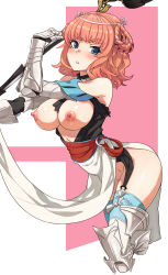 Rule 34 | 1girl, absurdres, armor, ass, bandages, bare shoulders, blue eyes, boots, breasts, breasts out, caee penguin, granado espada, hair ribbon, hair rings, highres, looking at viewer, nipples, pink hair, ribbon, solo, thigh boots, thighhighs, wand