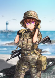 Rule 34 | 1girl, assault rifle, blurry, blurry background, brown hair, camouflage, commentary, daewoo k1, day, gloves, gun, hat, korea, kws, lighthouse, load bearing vest, military, military uniform, ocean, original, outdoors, purple eyes, rifle, solo, uniform, weapon, weapon request