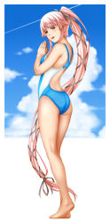Rule 34 | 1girl, alternate costume, ass, blue sky, brown eyes, competition swimsuit, day, full body, gradient sky, hair flaps, hair ribbon, highres, kantai collection, long hair, looking at viewer, one-piece swimsuit, pink hair, ponytail, ribbon, side ponytail, sky, solo, suda (yuunagi enikki), swimsuit, very long hair, yura (kancolle)