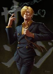 Rule 34 | 1boy, adjusting clothes, adjusting necktie, black jacket, blonde hair, c home, cigarette, facial hair, feet out of frame, goatee, highres, jacket, looking at viewer, loose necktie, male focus, necktie, one piece, sanji (one piece), shirt, short hair, smoke, smoking, solo, swept bangs, undershirt, yellow necktie, yellow shirt