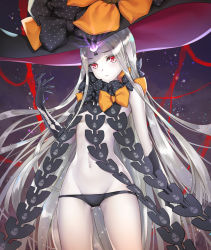 Rule 34 | 1girl, abigail williams (fate), abigail williams (third ascension) (fate), black bow, black panties, bow, breasts, clara v, elbow gloves, fate/grand order, fate (series), gloves, hat, keyhole, long hair, looking at viewer, navel, orange bow, pale skin, panties, red eyes, solo, underboob, underwear, witch hat
