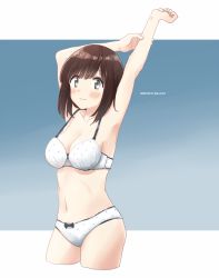 Rule 34 | 1girl, any (lucky denver mint), armpits, bad id, bad pixiv id, blue background, bra, breasts, brown hair, cleavage, cowboy shot, dated, gradient background, grey eyes, highres, looking at viewer, medium breasts, midriff, navel, original, panties, short hair, simple background, solo, twitter username, underwear, underwear only, white bra, white panties