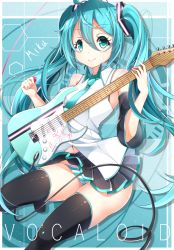 Rule 34 | 1girl, 39, aqua eyes, aqua hair, character name, copyright name, detached sleeves, electric guitar, fender stratocaster, guitar, hatsune miku, highres, instrument, long hair, necktie, panties, plectrum, skirt, smile, solo, striped clothes, striped panties, thighhighs, twintails, underwear, very long hair, vocaloid, yoaferia
