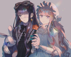 Rule 34 | 2girls, bandages, black bow, black dress, black hair, black nails, blonde hair, blunt bangs, bow, bowtie, closed mouth, commentary, dress, earrings, eyepatch, flower, frills, gothic lolita, grey background, hair bow, hair ornament, hands up, holding, holding flower, jewelry, lemontea, lolita fashion, long hair, long sleeves, looking at viewer, multiple girls, nail polish, original, red flower, red rose, rose, smile, stuffed animal, stuffed rabbit, stuffed toy, symbol-only commentary, upper body, wrist cuffs