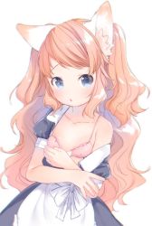 Rule 34 | 1girl, :o, animal ears, apron, black dress, blue eyes, blush, bra, commentary request, dress, flat chest, highres, long hair, looking at viewer, maid, mutou mato, off shoulder, open mouth, original, pink bra, simple background, single bare shoulder, solo, underwear, wavy hair, white apron, white background