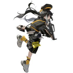 Rule 34 | 1girl, beret, black hair, black hat, black ribbon, black shirt, black skirt, black vest, camera, checkered clothes, checkered vest, collared shirt, colt 9mm smg, floating hair, from side, full body, funengliang jieheti, girls&#039; frontline, gun, hair ribbon, hat, highres, holding, holding gun, holding weapon, long hair, long skirt, long sleeves, looking at viewer, looking to the side, low twintails, multicolored hair, musical note earrings, official alternate costume, official art, parted lips, photo (object), planet necklace, polaroid, print vest, profile, red eyes, ribbon, ro635 (girls&#039; frontline), ro635 (monochrome jungle bird) (girls&#039; frontline), scratches, shirt, shoe dangle, shoes, simple background, skirt, sneakers, socks, solo, standing, standing on one leg, streaked hair, streetwear, submachine gun, third-party source, torn clothes, torn shirt, torn socks, transparent background, trigger discipline, twintails, unworn hat, unworn headwear, very long hair, vest, waist bag, weapon, white footwear, white hair, white shirt, yellow bag, yellow socks, zipper