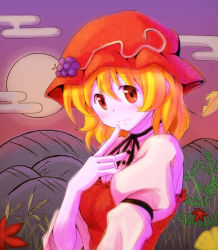 1girl aki_minoriko blonde_hair blush cloud female_focus food fruit grapes hat leaf long_sleeves maple_leaf moon orange_eyes puffy_sleeves qontamblue short_hair smile solo touhou