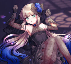 Rule 34 | 1boy, :o, arm up, armpits, bare shoulders, bead bracelet, beads, black choker, black dress, black gloves, blue flower, blue hair, blue rose, bracelet, bridal veil, brown hair, brown pantyhose, captain nemo (fate), choker, commentary, crossdressing, detached sleeves, dress, fate/grand order, fate (series), fishnet pantyhose, fishnet sleeves, fishnets, floral print, flower, gloves, gradient hair, green eyes, hand up, highres, indoors, jewelry, knees up, light particles, long hair, looking at viewer, low twintails, lying, male focus, multicolored hair, nemo (fate), on back, paid reward available, pantyhose, rose, shell ocean, sidelocks, sleeveless, sleeveless dress, solo, twintails, veil, very long hair, wedding dress, window shadow