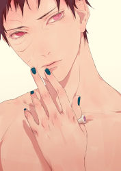 Rule 34 | 1boy, black hair, blue nails, bluesy, closed mouth, collarbone, finger to mouth, highres, jewelry, looking away, male focus, nail polish, naruto (series), nude, red eyes, ring, scar, scar on face, sharingan, short hair, solo, uchiha obito