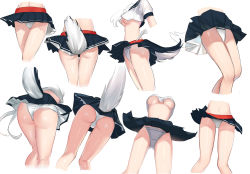 Rule 34 | 1girl, absurdres, ass, azur lane, belt, black sailor collar, black skirt, breasts, circle skirt, clothes lift, commentary, crop top, crop top overhang, dog tail, highres, lower body, medium breasts, miniskirt, multiple views, navel, panties, pantyshot, pleated skirt, puffy short sleeves, puffy sleeves, sailor collar, short sleeves, simple background, skirt, standing, stomach, tail, thigh gap, thighs, topu, underboob, underwear, white background, white panties, yuudachi (azur lane)