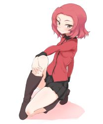 Rule 34 | 10s, 1girl, arm behind back, arm hug, black footwear, black skirt, blush, boots, brown eyes, closed mouth, commentary, dutch angle, epaulettes, girls und panzer, highres, jacket, knee boots, long sleeves, looking at viewer, military, military uniform, miniskirt, on one knee, pleated skirt, red hair, red jacket, rosehip (girls und panzer), shadow, short hair, simple background, skirt, smile, solo, st. gloriana&#039;s military uniform, uasi, uniform, white background
