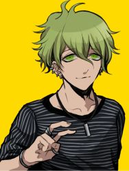 Rule 34 | 10s, 1boy, amami rantaro, bracelet, danganronpa (series), danganronpa v3: killing harmony, ear piercing, green eyes, green hair, hisida, jewelry, male focus, necklace, piercing, ring, shirt, simple background, sleeves pushed up, smile, solo, striped clothes, striped shirt, upper body, v, yellow background