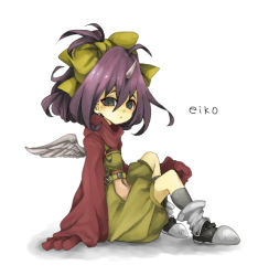 Rule 34 | 00s, 1girl, artist request, boots, bow, character name, child, eiko carol, final fantasy, final fantasy ix, flat chest, full body, grey eyes, horns, purple hair, ribbon, short hair, single horn, sitting, solo, white background, wings, yamipika, yellow bow
