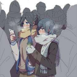 Rule 34 | 2girls, black hair, blue eyes, blue hair, blush, breath, cellphone, coat, cold, commentary request, cup, disposable cup, from side, grey coat, grey mittens, grey scarf, hair between eyes, hibike! euphonium, holding, holding cup, holding phone, jacket, kasaki nozomi, liz to aoi tori, long hair, long sleeves, looking to the side, mittens, multiple girls, phone, ponytail, ree (re-19), scarf, smartphone, walking, white sleeves, winter, winter clothes, yellow scarf, yoroizuka mizore