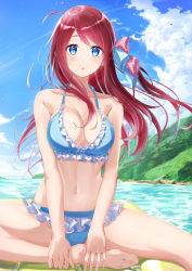 Rule 34 | 1girl, absurdres, bad id, bad pixiv id, barefoot, bikini, blue bikini, blue eyes, breasts, cleavage, cloud, collarbone, commentary request, day, feet out of frame, frilled bikini, frills, hair rollers, highres, long hair, looking at viewer, medium breasts, meen (ouaughikepdvrsf), minamoto sakura, navel, outdoors, parted lips, red hair, shore, sitting, sky, solo, swimsuit, thighs, zombie land saga
