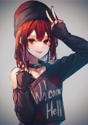 Rule 34 | 1girl, :p, arm up, black choker, choker, clothes writing, collarbone, ear piercing, earrings, grey background, hecatia lapislazuli, highres, jewelry, long sleeves, looking at viewer, one-hour drawing challenge, open mouth, piercing, red eyes, red hair, shometsu-kei no teruru, sleeves past wrists, solo, tongue, tongue out, tongue piercing, touhou, v