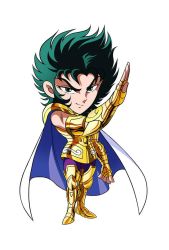 Rule 34 | 1boy, armor, bad id, bad twitter id, blue cape, boots, breastplate, cape, capricorn shura, chibi, closed mouth, commentary request, fighting stance, fingerless gloves, gauntlets, gloves, gold armor, gold saint, green eyes, green hair, hand up, kotatsu (g-rough), looking at viewer, male focus, saint seiya, simple background, smile, solo, standing, white background