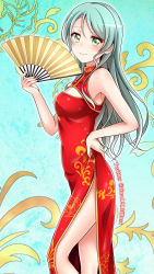 Rule 34 | 1girl, absurdres, bang dream!, blush, breasts, china dress, chinese clothes, cleavage, closed mouth, dress, green eyes, green hair, hand fan, highres, hikawa sayo, holding, holding fan, light blush, long hair, looking at viewer, medium breasts, side slit, simple background, smile, solo, standing, tina1213, twitter username