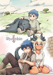 Rule 34 | 1boy, 1girl, age progression, arrow (symbol), before and after, blue hair, blush, boots, bright pupils, child, closed eyes, closed mouth, cloud, cushion, dark-skinned female, dark skin, dragon, dragon girl, dragon horns, dragon tail, drooling, dungeon no osananajimi, fantasy, field, highres, horns, kuma yasuhisa, leaning on person, on bed, open mouth, outdoors, own hands together, pants, ryuuka obsidian, short hair, short shorts, short sleeves, shorts, sitting, sleeping, smile, tail, tree, van sirius, vest, western dragon, white hair, white pupils