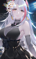 Rule 34 | 1girl, alternate costume, antenna hair, azur lane, backlighting, bare shoulders, black dress, blurry, blurry background, blush, breasts, brown eyes, butterfly hair ornament, calder, choker, cleavage, commentary request, dress, earrings, elbow gloves, eyeshadow, flower, gem, glint, gloves, grey gloves, hair between eyes, hair flower, hair ornament, halter dress, halterneck, headgear, highres, jewelry, lace, lace-trimmed gloves, lace trim, large breasts, light particles, lights, long hair, looking at viewer, makeup, multicolored hair, night, parted lips, pink lips, prinz eugen (azur lane), purple gemstone, red hair, ribbon, ribbon-trimmed dress, sidelocks, silver hair, sleeveless, sleeveless dress, smile, solo, stadium, streaked hair, topaz (stone), two side up, very long hair