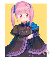 Rule 34 | 1girl, armband, black dress, blunt bangs, blush, dress, hannelore (honzuki no gekokujou), honzuki no gekokujou, looking at viewer, pink hair, red eyes, short twintails, side cape, simple background, smile, solo, standing, twintails, un47 (uni), wide sleeves, yellow background