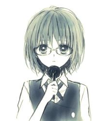 Rule 34 | 1girl, anzu (o6v6o), collared shirt, glasses, green theme, gumi, holding, holding microphone, light frown, looking at viewer, microphone, monochrome, neck ribbon, ribbon, shirt, short hair, simple background, solo, upper body, vest, vocaloid, white background