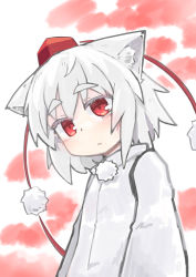 Rule 34 | 1girl, absurdres, animal ear fluff, animal ears, blush, closed mouth, hat, head tilt, highres, inubashiri momiji, jacket, kibisake, looking at viewer, mini hat, red eyes, red hat, silver hair, solo, thick eyebrows, tokin hat, touhou, upper body, white background, white jacket, wolf ears