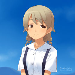 Rule 34 | 1girl, bad id, bad pixiv id, blue sky, brown eyes, brown hair, closed mouth, collarbone, collared shirt, day, dress shirt, idolmaster, idolmaster cinderella girls, long hair, looking at viewer, morikubo nono, outdoors, ringlets, shirt, short sleeves, sky, smile, solo, suspenders, translation request, uccow, upper body, white shirt