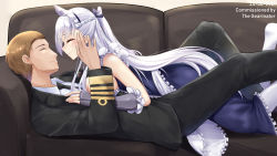 Rule 34 | 1boy, 1girl, ^ ^, absurdres, apron, azur lane, belfast (azur lane), braid, brown hair, closed eyes, collared shirt, commander (azur lane), commentary, commission, english commentary, gauntlets, hair between eyes, highres, irkawaza, long hair, long sleeves, looking at another, lying, lying on person, maid, maid apron, maid headdress, military, military uniform, naval uniform, necktie, on stomach, pantyhose, shirt, sidelocks, single braid, smile, uniform, white hair, white pantyhose
