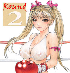 Rule 34 | 1girl, bare shoulders, bikini, blonde hair, blush, boxing, boxing gloves, boxing ring, breasts, brown eyes, collarbone, covered erect nipples, ko@ri, large breasts, lips, long hair, looking at viewer, original, smile, sweat, sweaty clothes, swimsuit, twintails, wet, wet clothes, white background
