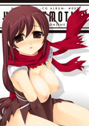 Rule 34 | 1girl, armor, assassin, assassin cross (ragnarok online), belt, black gloves, blush, breasts, breasts out, brown eyes, brown hair, elbow gloves, female focus, gloves, kinoshita ichi, large breasts, long hair, looking at viewer, nipples, parted lips, ragnarok online, scarf, shoulder pads, sitting, solo, v arms