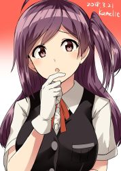 Rule 34 | 1girl, ahoge, asymmetrical hair, black vest, blouse, commentary request, gloves, gradient background, hagikaze (kancolle), highres, kamelie, kantai collection, long hair, neck ribbon, one-hour drawing challenge, one side up, purple hair, red background, red ribbon, ribbon, shirt, side ponytail, solo, upper body, vest, white background, white gloves, white shirt, yellow eyes