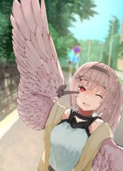 Rule 34 | 1girl, black hairband, blouse, blurry, blurry background, blush, commission, fang, feathers, finger to cheek, hair tie, hairband, harpy, long hair, monster girl, open mouth, original, outdoors, pink feathers, pink hair, pink wings, red eyes, rnd.jpg (artist), road, road sign, shirt, side ponytail, sign, skeb commission, solo, street, white shirt, wings