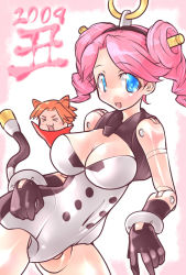 Rule 34 | 00s, 10s, 2009, 2girls, :3, :d, animal ears, bare shoulders, black gloves, blue eyes, blush stickers, border, bracer, breasts, busou shinki, chibi, cleavage, cleavage cutout, closed eyes, clothing cutout, cowboy shot, dated, doll joints, fang, gloves, hairband, headgear, joints, jumping, large breasts, leaning, leotard, looking at viewer, multiple girls, new year, open mouth, orange hair, pink hair, short hair, short twintails, simple background, smile, swept bangs, tail, tigris, twintails, vitulus, white background