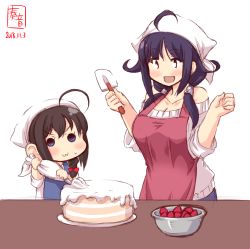 Rule 34 | 2girls, :3, aged down, alternate costume, antenna hair, apron, artist logo, bakery, baking, bare shoulders, blush, braid, breasts, cake, cleavage, collarbone, cooking, cream, dated, denim, food, fruit, hair flaps, hair over shoulder, head scarf, highres, indoors, jeans, kanon (kurogane knights), kantai collection, kitchen, large breasts, long hair, low twintails, mixing bowl, multiple girls, open mouth, pants, pastry bag, red eyes, ryuuhou (kancolle), shigure (kancolle), shop, signature, simple background, single braid, sleeves rolled up, smile, spatula, strawberry, sweatdrop, sweater, table, taigei (kancolle), turtleneck, turtleneck sweater, twintails, white background, white sweater