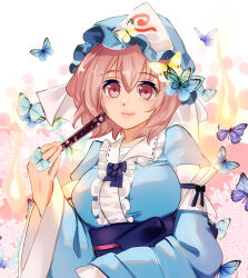 Rule 34 | 1girl, blue hat, blue kimono, breasts, bug, butterfly, closed mouth, commentary request, folded fan, folding fan, hand fan, hat, holding, holding fan, insect, japanese clothes, kimono, large breasts, long sleeves, looking back, mob cap, nagare, saigyouji yuyuko, sash, smile, solo, touhou, triangular headpiece, upper body