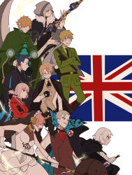 4girls 5boys absurdres add_(fate) ascot axis_powers_hetalia bandaged_arm bandages black_gloves black_hair blonde_hair blue_eyes braid cape cloak collared_shirt country_connection crossover dagger dress facial_hair facial_scar fate/grand_order fate_(series) florence_nightingale_(fate) frankenstein&#039;s_monster_(fate) fur_trim gloves gray_(fate) green_eyes grey_eyes grey_hair hair_over_one_eye highres holding holding_dagger holding_knife holding_mace holding_scythe holding_weapon hood hood_up horns jack_the_ripper_(fate/apocrypha) jacket james_moriarty_(archer)_(fate) jekyll_and_hyde_(fate) knife kome_043 long_hair long_sleeves mace mechanical_horns multiple_boys multiple_girls mustache necktie old old_man open_mouth orange_hair pants pink_hair red_eyes robin_hood_(fate) scar scar_on_cheek scar_on_face scythe sherlock_holmes_(fate) shirt short_hair single_horn smile thick_eyebrows union_jack united_kingdom_(hetalia) veil vest weapon white_hair white_shirt