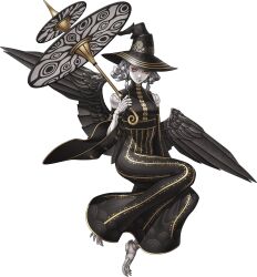 Rule 34 | 1girl, absurdres, agrat bat mahlat (megami tensei), barefoot, black dress, black hat, black wings, bone, closed mouth, colored sclera, colored skin, detached sleeves, doi masayuki, dress, eyelashes, grey hair, hat, highres, holding, holding umbrella, joints, long dress, looking at viewer, official art, red eyes, red sclera, shin megami tensei, shin megami tensei v, shin megami tensei v: vengeance, short hair, simple background, solo, third-party source, transparent background, umbrella, white skin, wide sleeves, wings, witch hat
